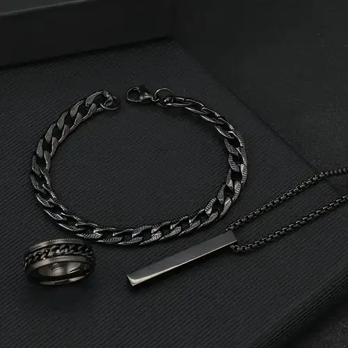 Style 3-Piece Fashion Jewelry Set Stainless Steel, Simple Golden Ring, Bracelet, and Necklace Combo for Men