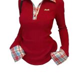Preppy Polo Neck Plaid Long sleeve T shirt Women