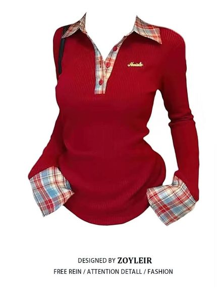 Preppy Polo Neck Plaid Long sleeve T shirt Women