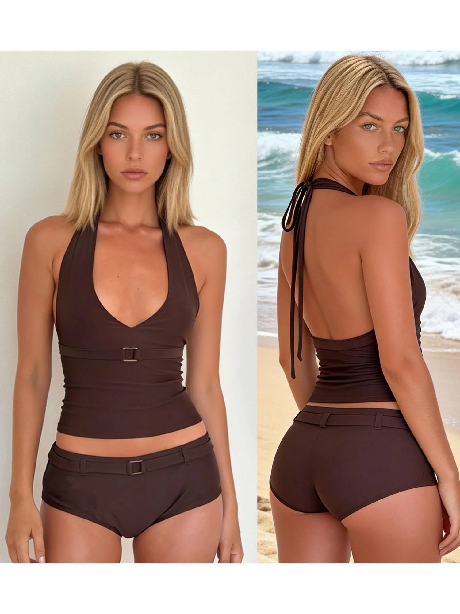 Sa504dbf7f38c46b2bafa46277812532eJ Summer Women 2Pcs Bathing Suit Bikini Sexy Tankini Swimsuit Set Solid Halter Tops With Micro Shorts Female Swimwear Beachwear