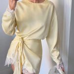 Women Light Blue Lace Satin Round Neck Dress