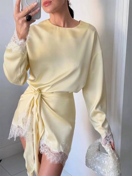 Women Light Blue Lace Satin Round Neck Dress