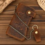 Mens Vintage Crazy Horse Leather Chain Wallet Genuine Leather Bifold Long Wallet Snap Card Holder Purse Zipper Coin Rfid Pocket (New)