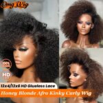 13x6 Real HD Lace Honey Blonde Brazilian Afro Kinky Curly Wig For Black Women Short Bob Human Hair 13x4 HD Lace Frontal Wig (New)