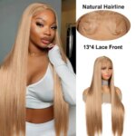 Straight Honey Blonde Gold Color Bone Straight 13X4 Lace Front Wig For Black Women Synthetic Prepluck Hairline Baby Hair Cosplay (New)