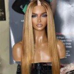 Straight Wavy Highlights Honey Blonde 1X4 V Part Wigs Unprocessed 100% Human Hair Glueless Full Machine Made Wig (New)