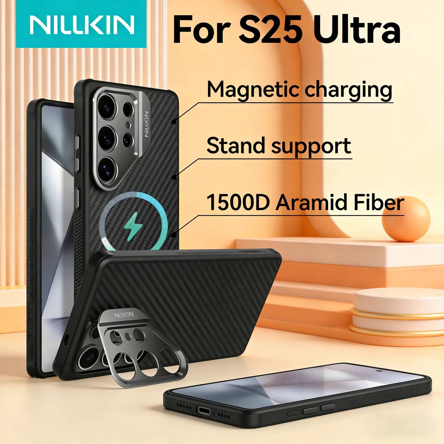 Nillkin For Magsafe Samsung Galaxy S25 Ultra Aramid Fiber Case With Fold Kickstand For Samsung S25 Ultra Magnetic Phone Case Nillkin For Magsafe Samsung Galaxy S25 Ultra Aramid Fiber Case With Fold Kickstand For Samsung S25 Ultra Magnetic Phone Case