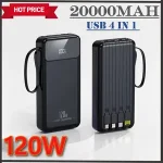20000mah 120W Power Bank Large Capacity USB 4 in1 Super Fast Charging USB LED Light Outdoor Power Bank IPhone Huawei Samsung Bangladesh (New)
