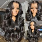 13X4 Black Synthetic Lace Front Wigs For Women Body Wave Lace Frontal Pre Plucked Hairline With Baby Hair Wig 180% Density Fiber (New)