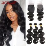 ALI ANNABELLE Body Wave Bundles With 4x4 Closure Human Hair Bundles With Closure 4x4 Transparent Lace Brazilian Free Middle Part (New)