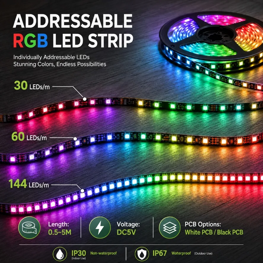 Sd1f87199e9f74c81b2e578336778347eO.webp 05‑5M DC5V Addressable RGB LED Strip 30/60/144LEDs/m IP30 IP67 (New) - Image 1