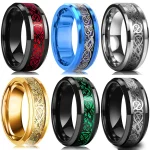 21 Colors 8mm Mens Stainless Steel Celtic Dragon Ring Inlay Red Green Black (New)