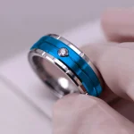 Fashion 8mm Mens Double Groove Beveled Stainless Steel Ring Blue Brushed Inlay (New)