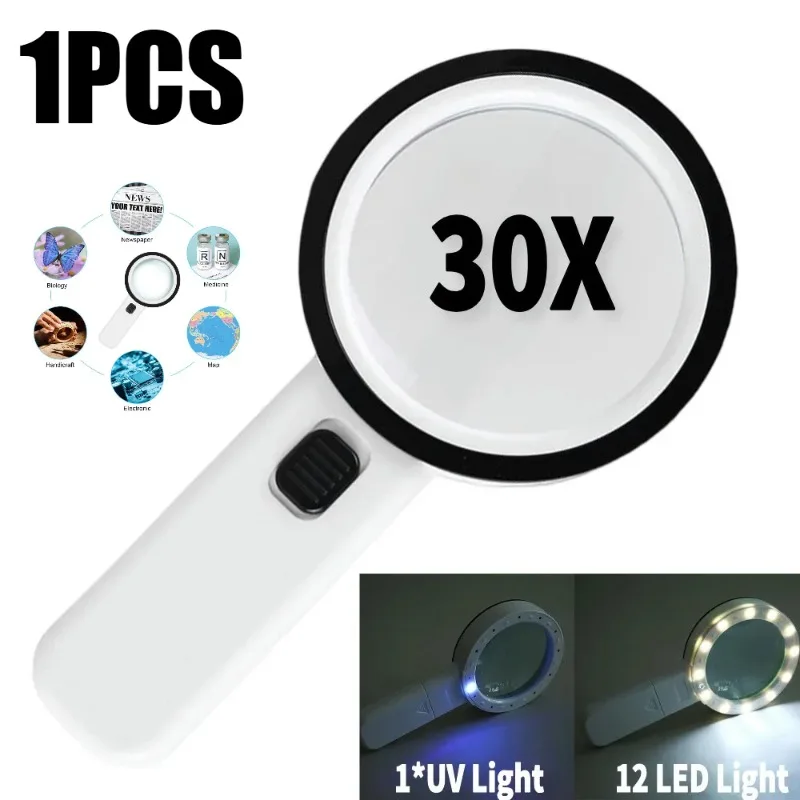 S0ad615a4804e41bf8ab4212987dc236c9 30X Handheld Magnifier 12 LED Illuminated Light with UV Light Portable Magnifying Loupe (New) - Image 1