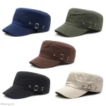 Army Cap Men Women Pure Color Washed Cotton Flat Top Cap Summer Autumn (New)