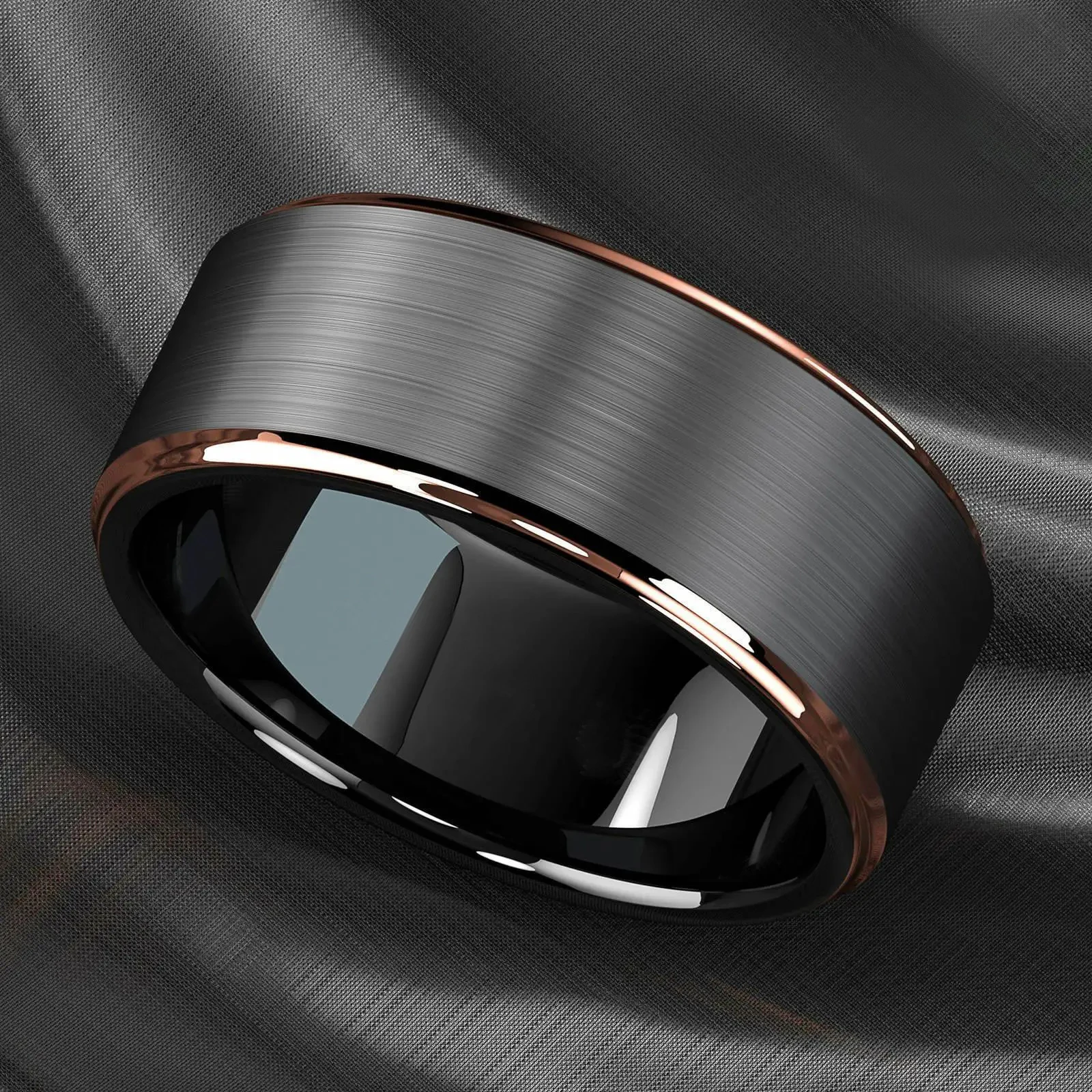 S193f867093e046b7a97b43c3600697e0C Fashion 8mm Stainless Steel Rings for Men Rose Gold Color Step Edge Black (New) - Image 1