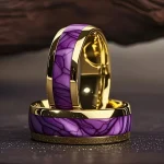 Purple Abalone Shell Inlay Rings, Fashion 8mm Gold Color Men Stainless Steel Rings (New)