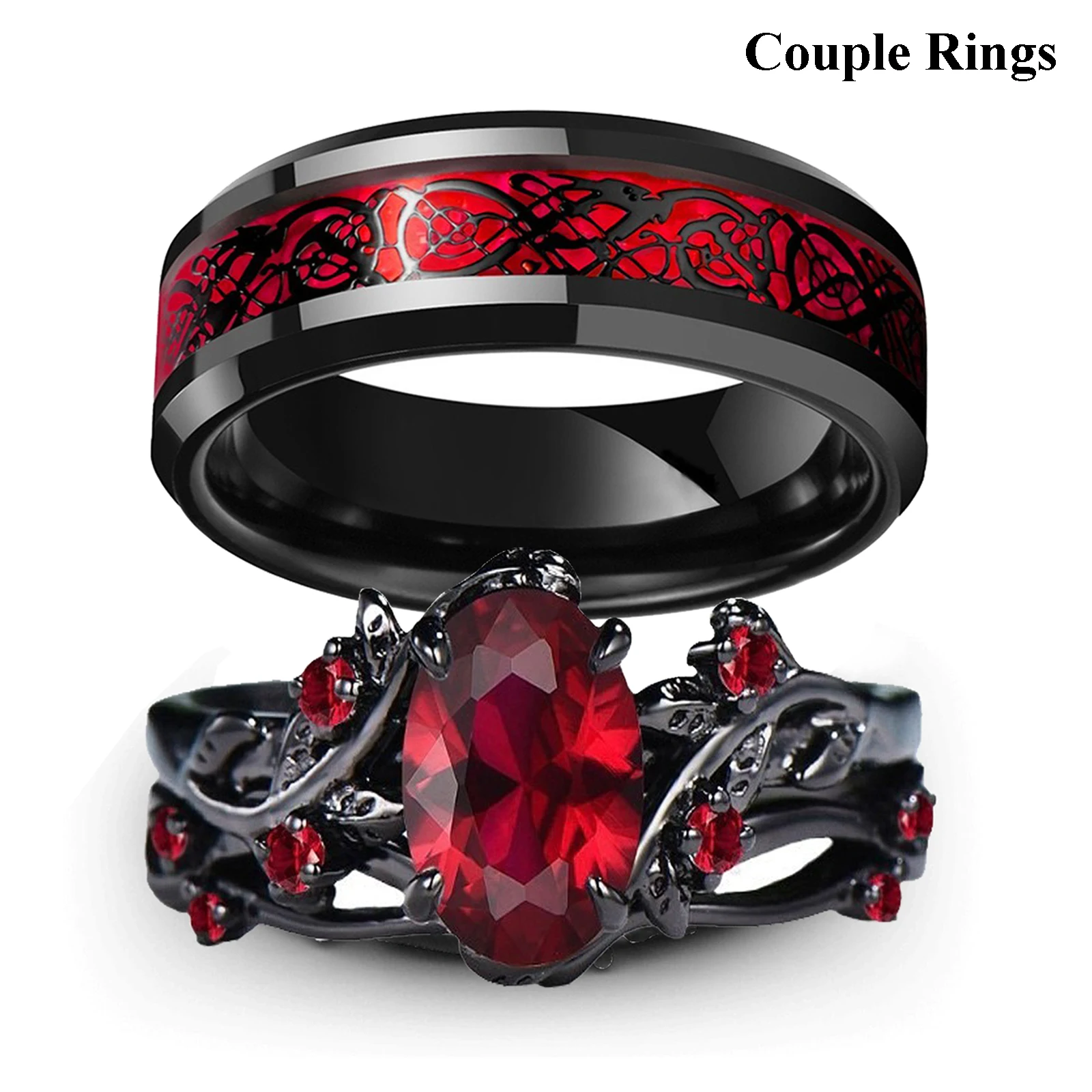 S4983a6b78b964e409a873a33a04c4003k Charm Couple Rings Romantic Women Red Rhinestones Rings Set Trendy Men Stainless Steel (New) - Image 1