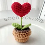 Handmade Knitted Flower Pot Red Heart Shaped Knit Imitation Potted Plant for Valentines (New)