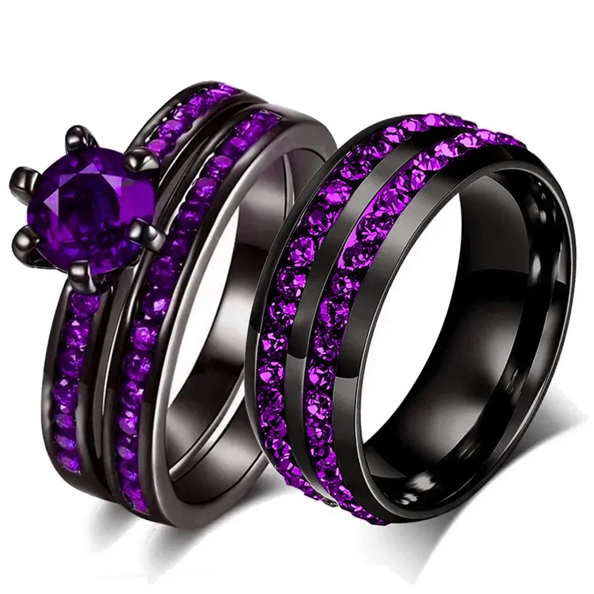S7692c211b82b4b5dbab6162395cc7f1bh Fashion Couple Rings Charm Purple Rhinestones CZ Women Rings Set Trendy Men Stainless (New) - Image 1