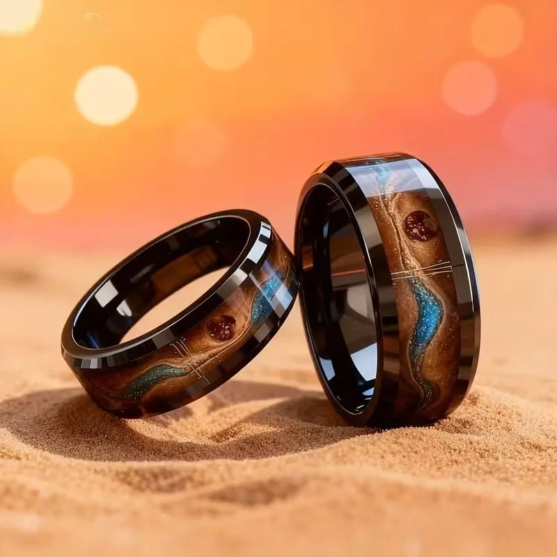 S9616b3993f034d738349cbb55dce852dE Fashion 8mm Men Stainless Steel Rings, Black Color Brushed Carbonized Sand Inlay Rings (New) - Image 1