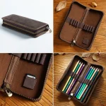 Multi functional Pencilcase Leather Exterior and Cloth Lining with Pen Holder Organizer Metal Zipper (New)