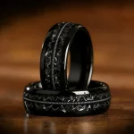 Fashion 8mm Black Stainless Steel Guitar String Rings for Men With Meteorite Inlay (New)