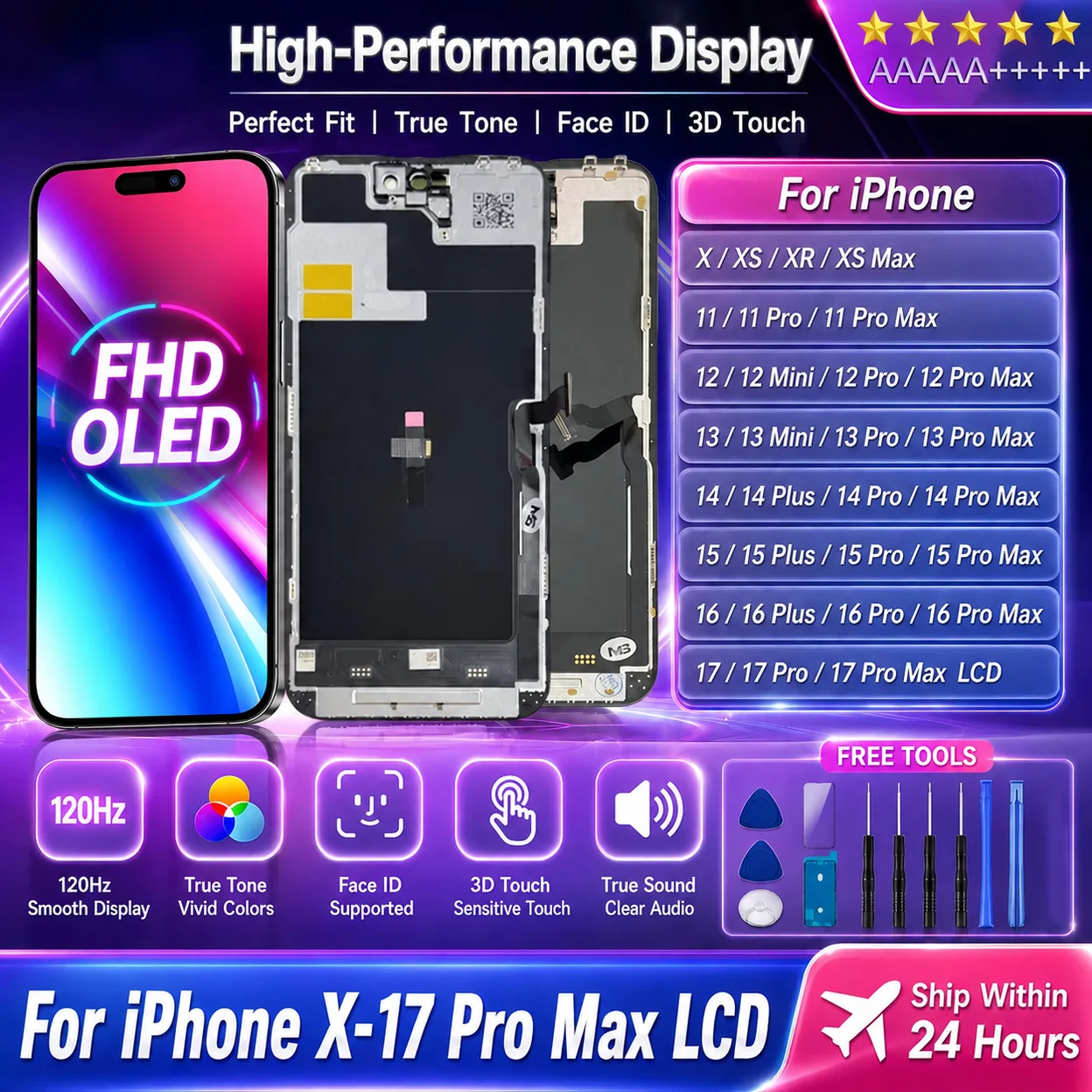 Sff859025d0a2443f80cb47467f59c1f0O OLED iPhone 16 15 Pro 17 Pro Max Display (New) - Image 1